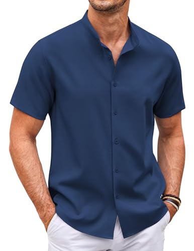 COOFANDY Leinenhemd Herren Kurzarm Hemd mit Stehkragen Sommer Freizeithemd Leinen Strandhemd Kragenloses Herrenhemd Ohne Kragen Kurz Leichtes Navyblau XL von COOFANDY