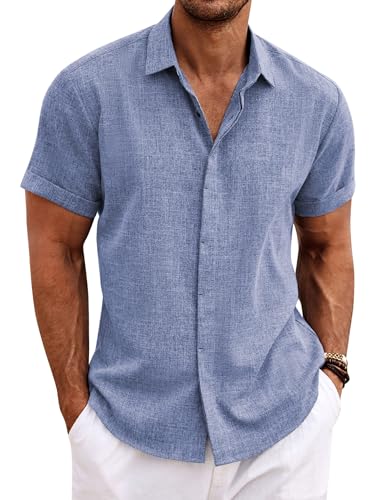 COOFANDY Leinenhemd Herren Kurzarm Hemden Sommerhemd Regular Fit Leinen Shirt Button Down Freizeithemd Tiefes Blau M von COOFANDY