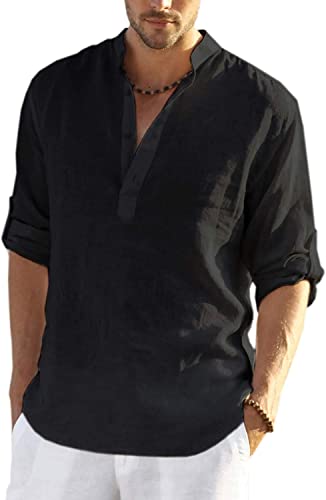 COOFANDY Herrenhemd Leinenhemd Regular Fit Sommerhemd Baumwolle Linen Shirt Sommer Strand Casual Stehkragen Hemden Schwarz XL von COOFANDY