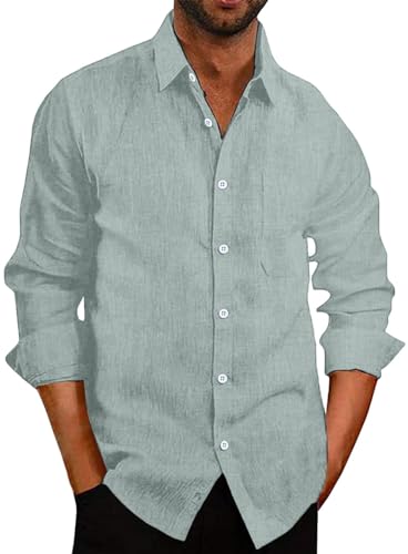 COOFANDY Leinenhemd Herren Langarm Freizeithemd Langarmhemd Business Hemden Sommerhemd Casual Leinen Bluse Strand Hemd Regular Fit Hellgrün XXL von COOFANDY