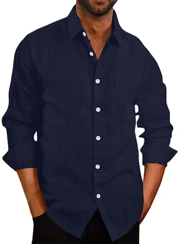 COOFANDY Leinenhemd Herren Langarm Business Hemden Leinen Freizeithemd Langarmhemd Sommerhemd Casual Strandhemd Hemden Männer Regular Fit Navy blau XXL von COOFANDY