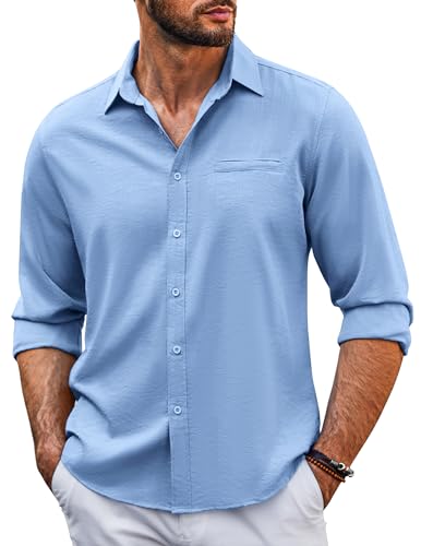 COOFANDY Leinenhemd Herren Langarm Hemd Freizeithemd mit Brusttasche Sommer Herrenhemden Strand Comfort Fit Hellblau XXXL von COOFANDY