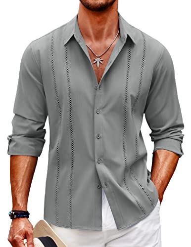 COOFANDY Leinenhemd Herren Langarm Sommer Button Down Freizeithemd Casual Regular Fit Buissnes Hemden Grau XXL von COOFANDY