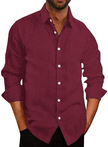 COOFANDY Leinenhemd Herren Langarm SommerHemd Freizeithemd Langarmshirt Business Hemd Regular Fit Strand Hemden Casual Shirt Rot-1 S von COOFANDY