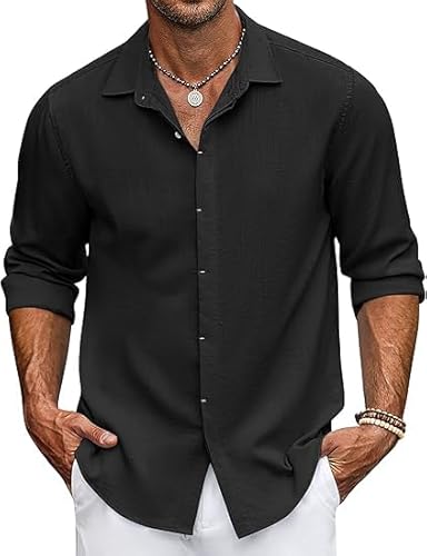 COOFANDY Hemd Herren Langarm Leinenhemd Sommerhemd Business Sommer Strand Freizeithemden für Herren Hemd Button Down Modische Hemd Schwarz S von COOFANDY