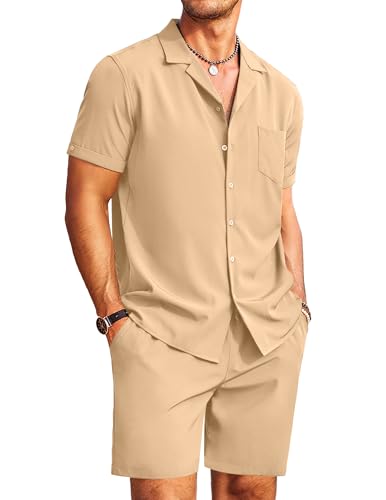 COOFANDY Leinenhemd Herren Sommer Hemd und Hose Freizeit Hawaii Sets Lässiges Sommerhemd Shirt Shorts Sommer Outfit von COOFANDY