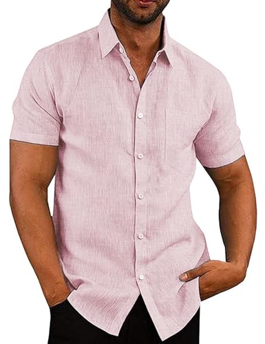 COOFANDY Leinenhemd Kurzarm Herren Hemd Kurzarm Sommerhemden Sommer Freizeithemd Leinen Kurzarmhemd Einfarbig Shirts Strand Hemd Surf Urlaub Rosa 3XL von COOFANDY