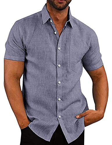 COOFANDY Leinenhemd Kurzarm Herren Hemden Sommer Strandhemd Kurzarmhemd Freizeithemd Businesshemd Blau 2XL von COOFANDY