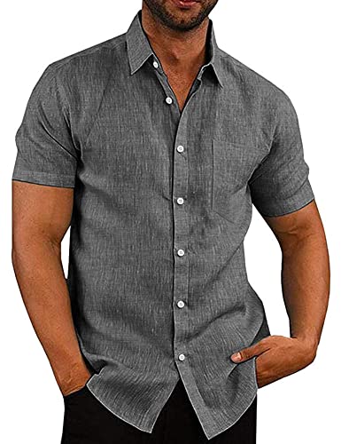 COOFANDY Leinenhemd Kurzarm Herren Hemden Sommer Strandhemd Kurzarmhemd Freizeithemd Businesshemd Schwarz 2XL von COOFANDY