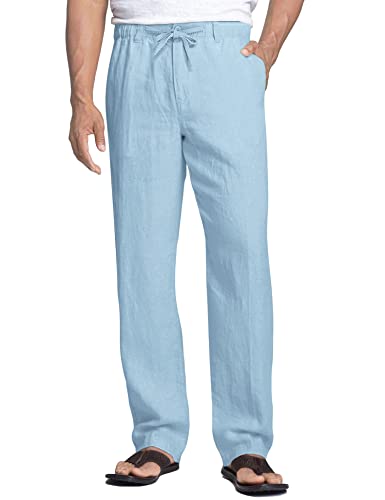 COOFANDY Leinenhose Herren Hose Einfarbig Leichte Sommerhose Freizeithosen Lässige Strandhose aus Baumwollmischung Leichte Hosen Sommer Regular Fit Himmelblau M von COOFANDY