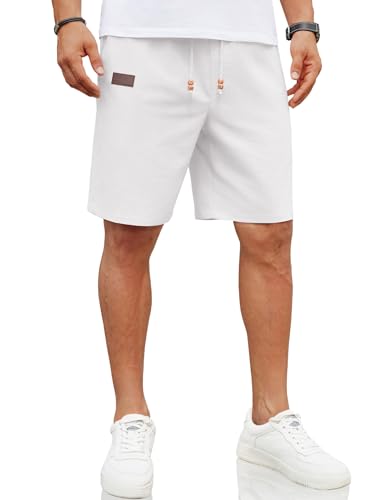 COOFANDY Shorts Herren Leinen Shorts Sommerhose Leinen Hose mit Gummizug Strandshorts Regular Fit Urlaubshorts Freizeithose mit Taschen Weiß 3XL von COOFANDY