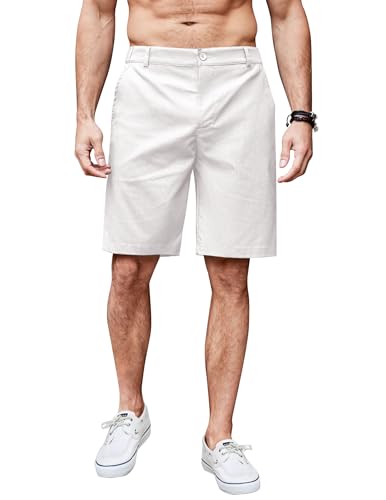 COOFANDY Leinenhose Herren Kurz Freizeithose Sommer Shorts Einfarbig Kurze Hosen Leinen Shorts Sommerhose Leicht mit Taschen Weiß XXL von COOFANDY