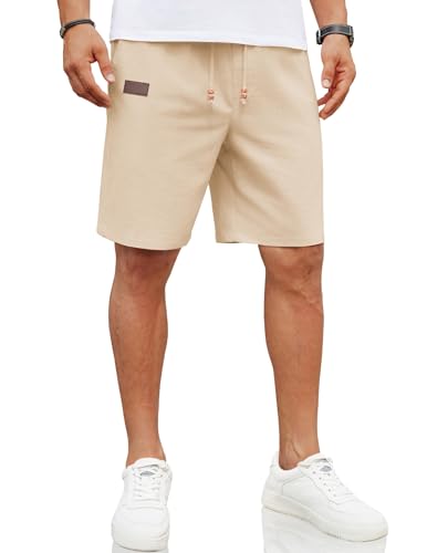 COOFANDY Shorts Herren Kurze Hosen Leinen Shorts Sommerhose mit Gummizug Leinen Hose Strandshorts Regular Fit Leinenhose mit Taschen Helles Khaki XXL von COOFANDY