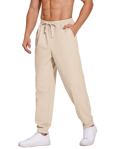 COOFANDY Herren Hose Lange Leinenhose Leicht Sommerhose mit Gummizug Strandhose Herren Freizeithose Loose Fit Beige L von COOFANDY