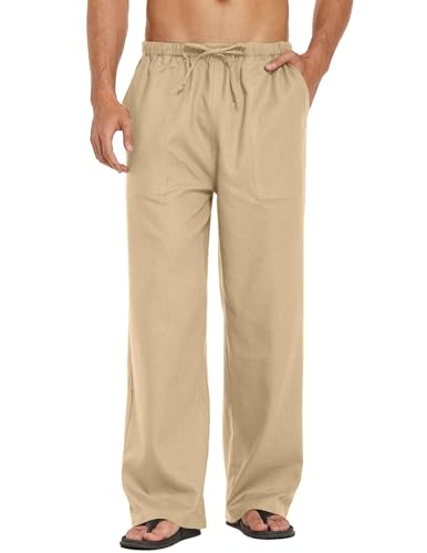 COOFANDY Herren Leinenhose mit Tunnelzug Leicht Sommerhose Freizeithose Sommer Strandhosen Lange Hosen Einfarbig Leinen Herrenhose mit Tasche Creme Farben M von COOFANDY
