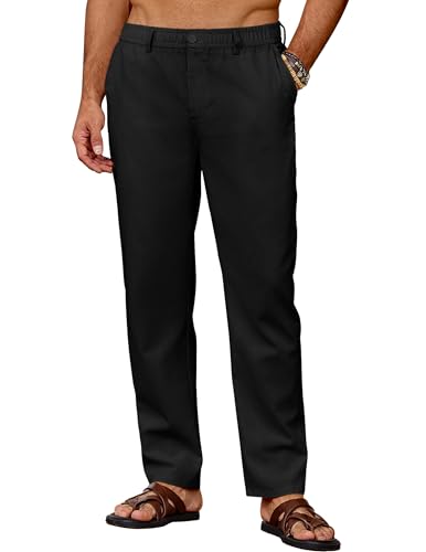 COOFANDY Leinenhose Herren Lang Hosen Elastischer Bund Freizeithose Baumwolle Chino Hosen Leinen Strandhose Herrenhosen Lang Leichte Sommerhose mit Taschen Schwarz S von COOFANDY