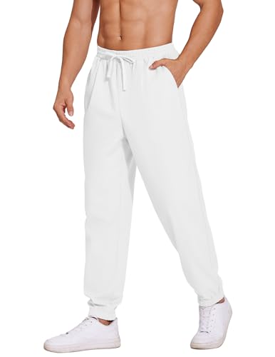COOFANDY Leinenhose Herren Lang Leicht Sommerhose mit Gummizug Strandhose Herren Freizeithose Loose Fit Chino Hose Weiß L von COOFANDY