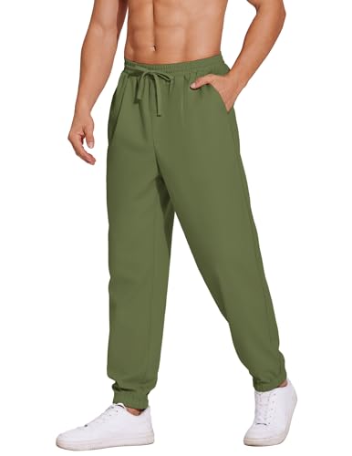 COOFANDY Herren Hose Lange Leinenhose Leicht Sommerhose mit Gummizug Strandhose Herren Freizeithose Loose Fit Armeegrün M von COOFANDY