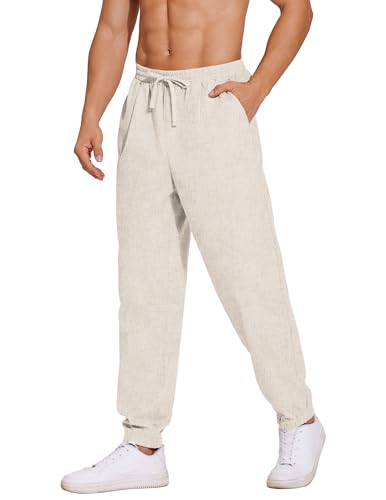 COOFANDY Herren Hose Lange Leinenhose Leicht Sommerhose mit Gummizug Strandhose Herren Freizeithose Loose Fit Hellbeige 3XL von COOFANDY