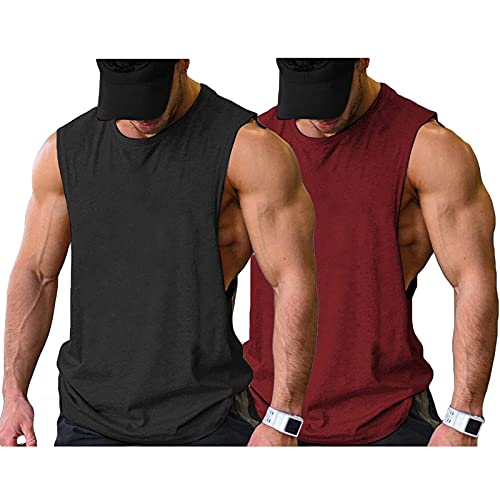 COOFANDY Männer Gym Tanktop Athletic Workout Muskel Bodybuilding Ärmelloses T-Shirt, Schwarz/Rot(2 Stück) XL von COOFANDY