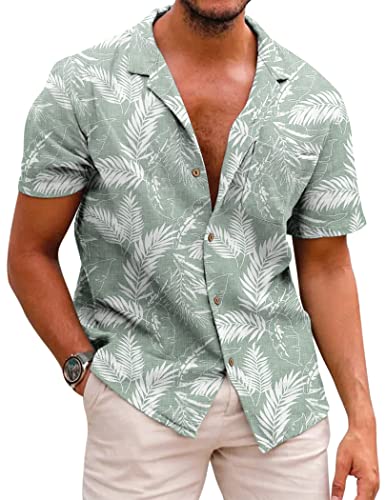 COOFANDY Männer Hawaii Hemd Sommer Leinen Kurzarmhemd Baumwolle Freizeit Sommer Kurzarm Button Down Hemden for Herren L von COOFANDY