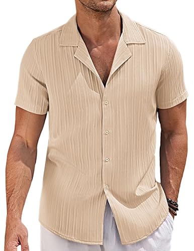 COOFANDY Männer Hemd Kurzarm Herren Kuba Sommerhemd Textured Shirt Hawaiihemd Beach Hemden Regular Fit Casual Shirts Freizeithemd Khaki XXL von COOFANDY