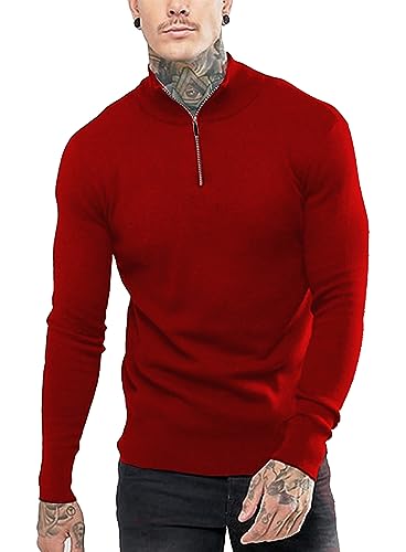 COOFANDY Männer Langarmshirt Knit Unterhemd 1/4 Zipper Sweatshirt Langarm Regular Fit Pullover Rot S von COOFANDY