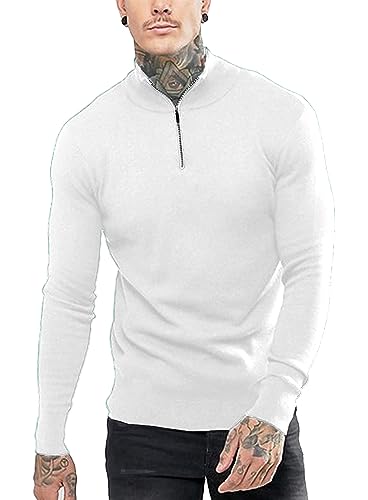 COOFANDY Männer Langarmshirt Knit Unterhemd 1/4 Zipper Sweatshirt Langarm Regular Fit Pullover Weiß S von COOFANDY