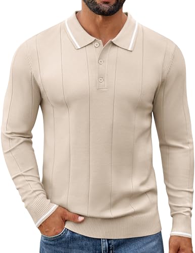 COOFANDY Herren Pullover Strick Slim Fit Poloshirt Langarm Winterpullover Gestreift Sport Polos Feinstrickpullover Mit Kragen Beige L von COOFANDY