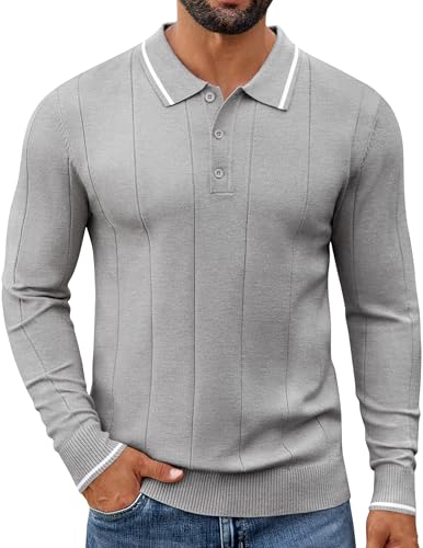 COOFANDY Pullover Herren Langarm Poloshirt Regular Fit Strickpullover Winterpullover Business Pulli Golf Dünner Herrenpullover Hellgrau L von COOFANDY