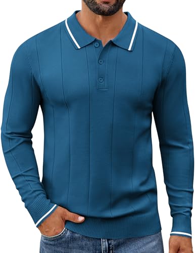 COOFANDY Pullover Herren Strickpullover Winter Slim Fit Poloshirt Langarm Business Dünner Herrenpullover Mit Kragen Dunkelblau XXL von COOFANDY