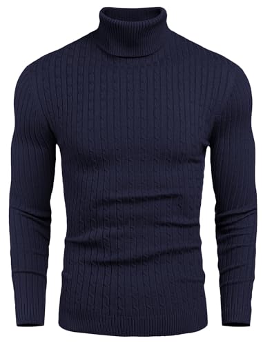 COOFANDY Männer Rollkragen Pullover Zopfmuster Strickpullover Slim Fit Einfarbig Sweater Navy Blau S von COOFANDY