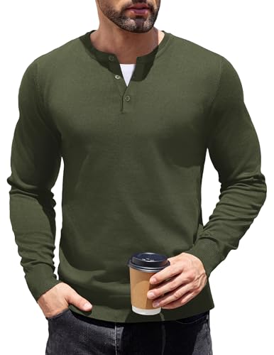 COOFANDY Männer Strickpullover Casual Sweater mit Lang Ärmeln Knopfleiste Rundhalsausschnitt Feinstrick Pullover Einfarbig Armeegrün M von COOFANDY