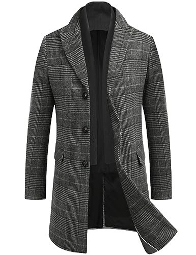 COOFANDY Mantel Herren Lang Wintermantel Kurzmantel Herrenmantel Winterjacke mit Gekerbtem Kragen, einreihiger Cabanmantel Trenchcoat Lässige Windjacke Reversjacke Kariert-Schwarz S von COOFANDY