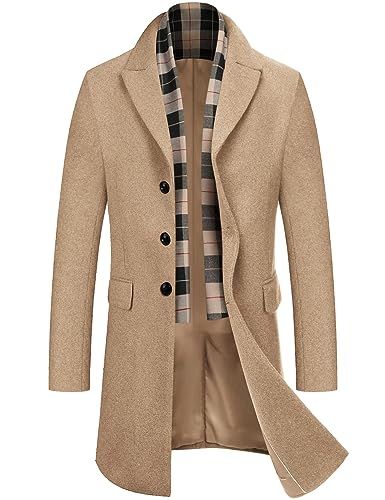 COOFANDY Mantel Herren Wintermantel Winterjacke Trenchcoat Windjacke Reversjacke Herrenmantel Kurzmantel mit Abnehmbaren Karierten Schals Männer Warmer Wollmantel Khaki L von COOFANDY
