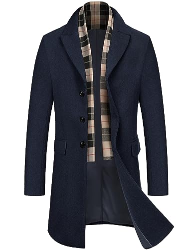 COOFANDY Mantel Herren Wintermantel Winterjacke Trenchcoat Windjacke Reversjacke Herrenmantel Kurzmantel mit Abnehmbaren Karierten Schals Männer Warmer Wollmantel Navy blau M von COOFANDY