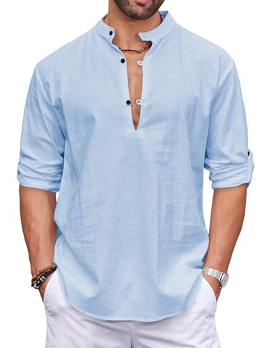 COOFANDY Mittelalter Hemd Herren Langarm Baumwolle Casual Henley Shirt Button-Down Sommerhemd Hellblau XL von COOFANDY