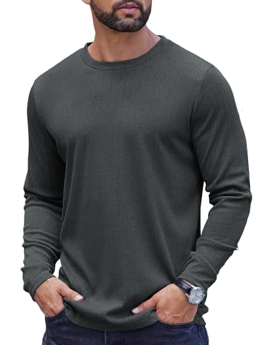 COOFANDY Muscle Shirt Herren Langarm Rundhalsausschnitt Pullover Wellenstreifen Freizeit Sport Pullover Männer Casual Langarmshirt Dunkelgrau M von COOFANDY