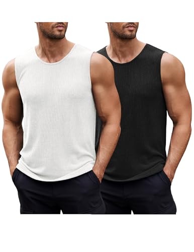 COOFANDY Muskel T-Shirts Tank Tops Ärmellose Herren Casual 2 Pack Sommer Tank Gerippt Stricken Tops 2 Stück Schwarz/Weiß M von COOFANDY