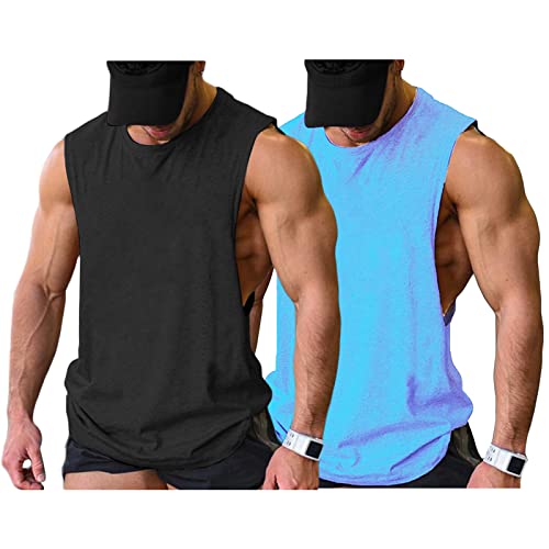 COOFANDY Muskelshirt Herren Tank Top Workout Gym T-Shirt Bodybuilding Ärmelloses Shirt, Schwarz/Hellblau(2 Stück) L von COOFANDY