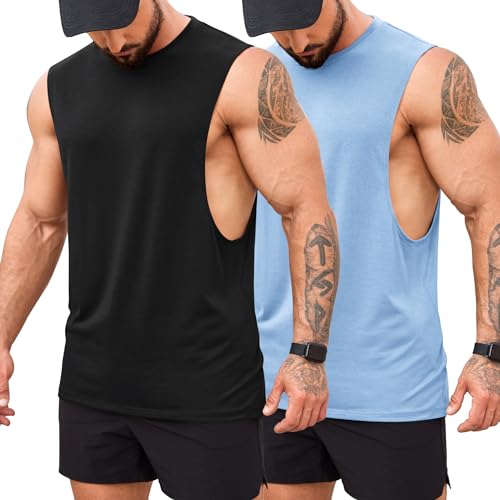 COOFANDY Muskelshirt Herren Tank Top Workout Gym T-Shirt Bodybuilding Ärmelloses Shirt, Schwarz/Hellblau(2 Stück) L von COOFANDY