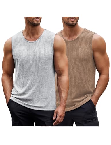 COOFANDY Muskelshirt Tank Tops Unterhemd Fitness Unterhemden Herren Sport 2 Pack Ärmelloses Funktionsunterhemd 2 Stück Hellgrau/Khaki M von COOFANDY