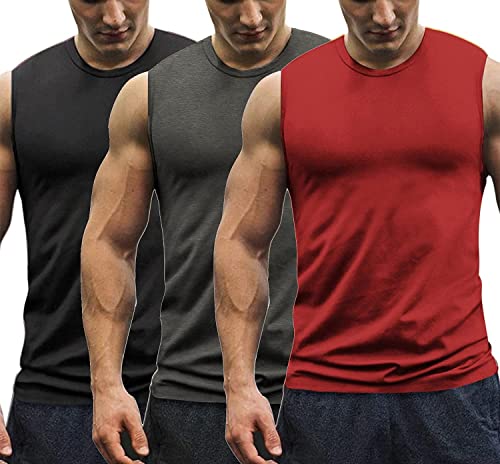 COOFANDY Axelshirt Herren Muskelshirts Achselhemden 3er Pack Tank Top Rundhals-Ausschnitt Muscle Shirt Herren Baumwolle Muskelshirt Schwarz/Dunkelgrau/Rot S von COOFANDY