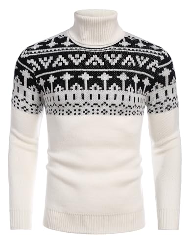COOFANDY Norweger Pullover Herren Rollkragen Winterpullover Strick Winter Warm Weihnachtspullover Weiß S von COOFANDY