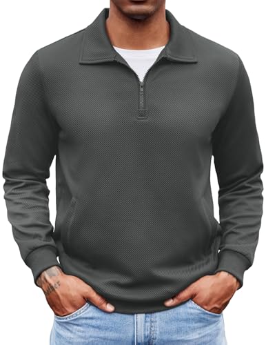 COOFANDY Polo Herren Langarm Strick Zip Slim Fit mit Tasche Winter Business Poloshirt Mittel Grün M von COOFANDY