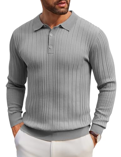 COOFANDY Polo Pullover Herren Langarm Feinstrick Langärmliges Strickpullover mit Polokragen Winter Polohemd Hellgrau XL von COOFANDY