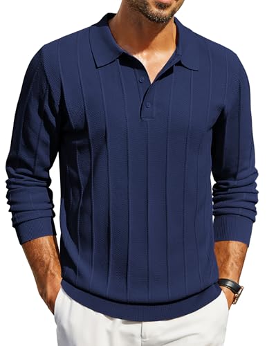COOFANDY Polo Pullover Herren Poloshirt Langarm Strickpullover Business Pullover mit Polokragen Pulli Männer Arbeitspullover Streifen Herrenpullover Langarm Blau Violett L von COOFANDY