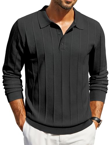 COOFANDY Polo Pullover Herren Poloshirt Langarm Strickpullover Business Pullover mit Polokragen Pulli Männer Arbeitspullover Streifen Herrenpullover Langarm Schwarz XL von COOFANDY