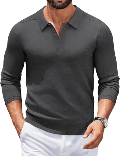 COOFANDY Pullover für Herren Polo Pullover Strickpullover mit Polokragen Langarm Poloshirt Herren Winterpullover Herrenpullover Langarm Strick Polohemd Business Casual Pulli Dunkelgrau 3XL von COOFANDY