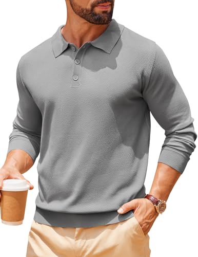 COOFANDY Polo Pullover Herren Slim Fit Strickpullover Business Poloshirt Männer Winterpullover Dünner Herrenpullover Langarm Mittelgrau XL von COOFANDY